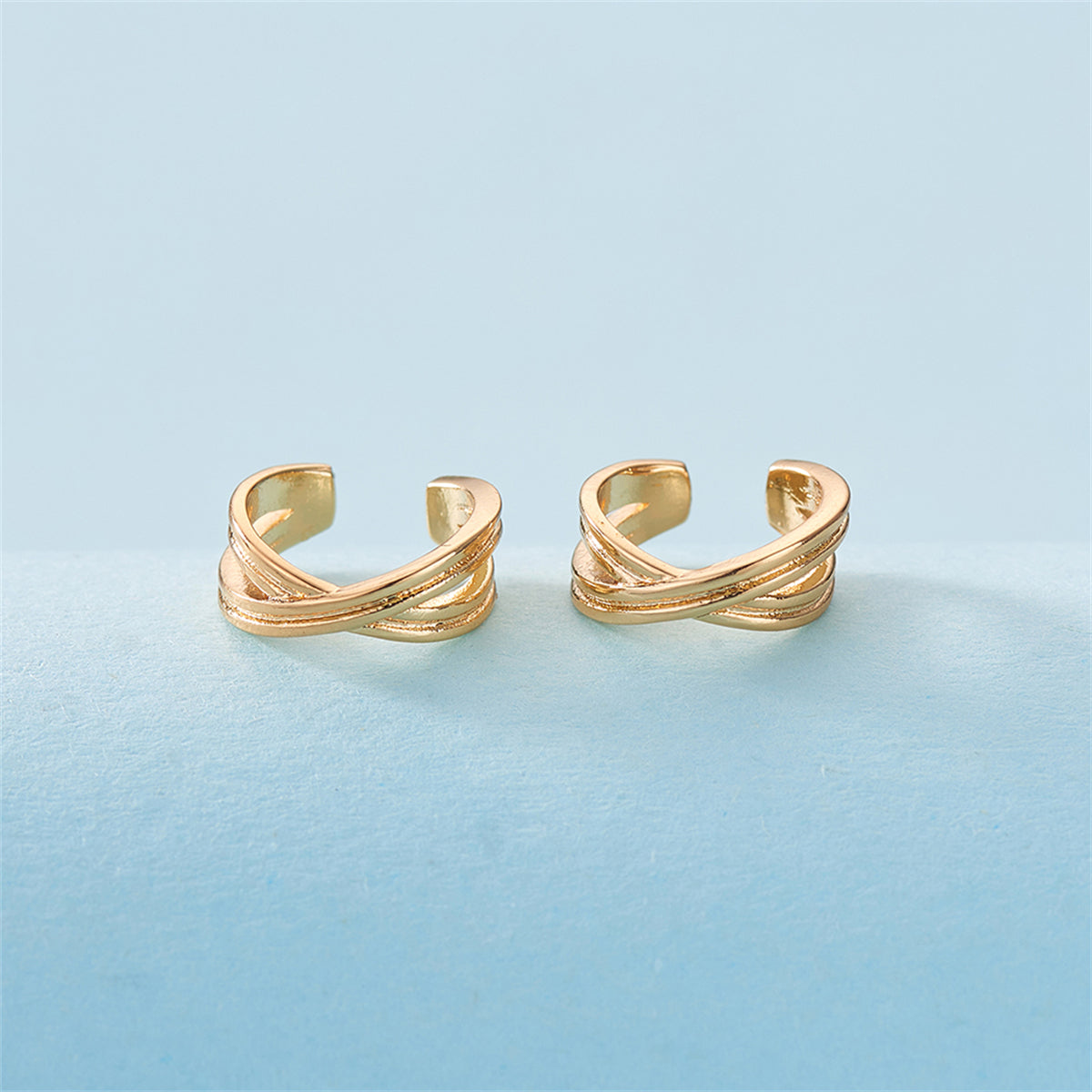 18K Gold-Plated Crossing Stacked Line Ear Cuffs, gold hoop earrings for women, botanical inspired, side view