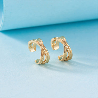 18K Gold-Plated Crossing Stacked Line Ear Cuffs, gold hoop earrings for women, botanical inspired, front view