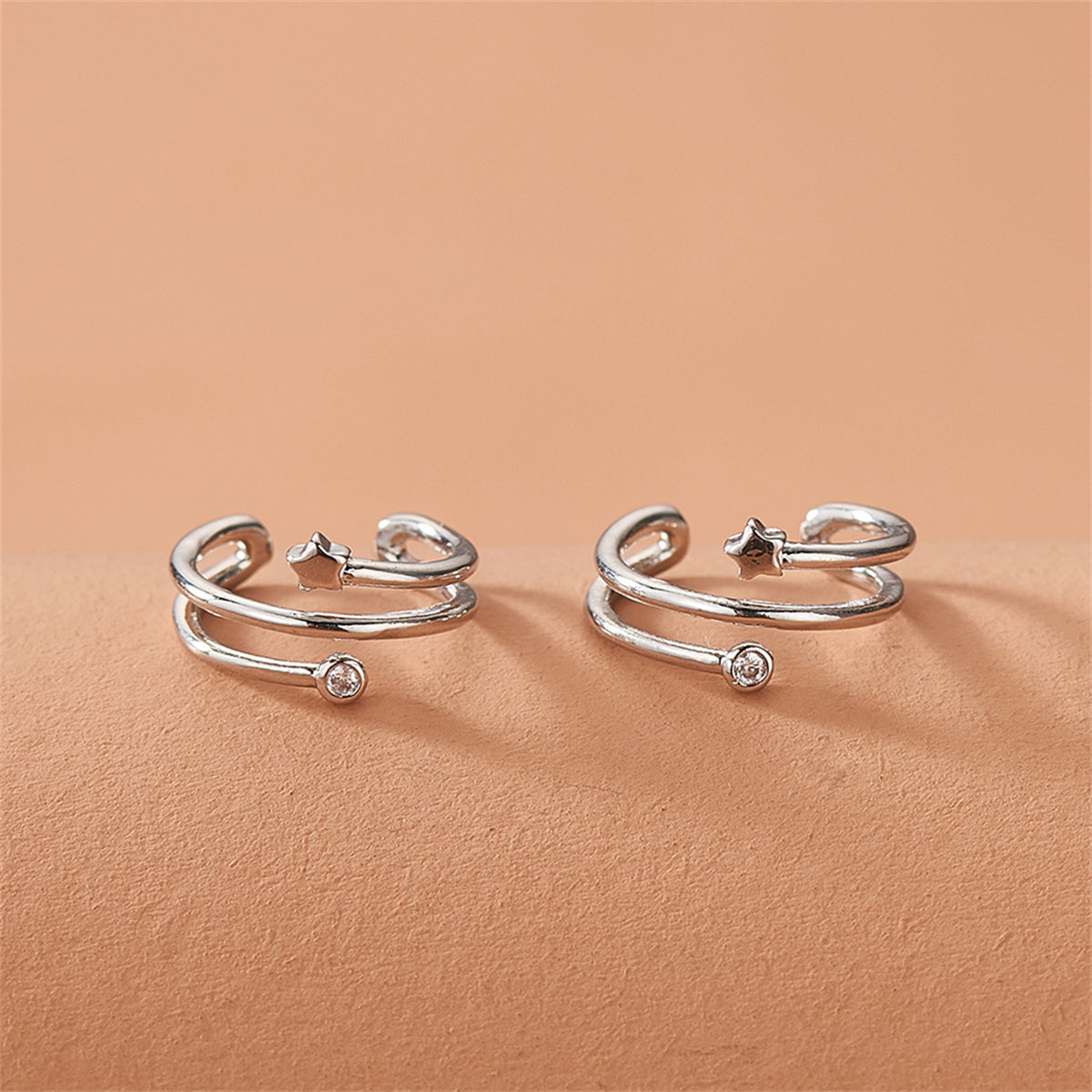 Cubic Zirconia and Silver-Plated Star Ear Cuffs, silver stud earrings for women, everyday style, side view