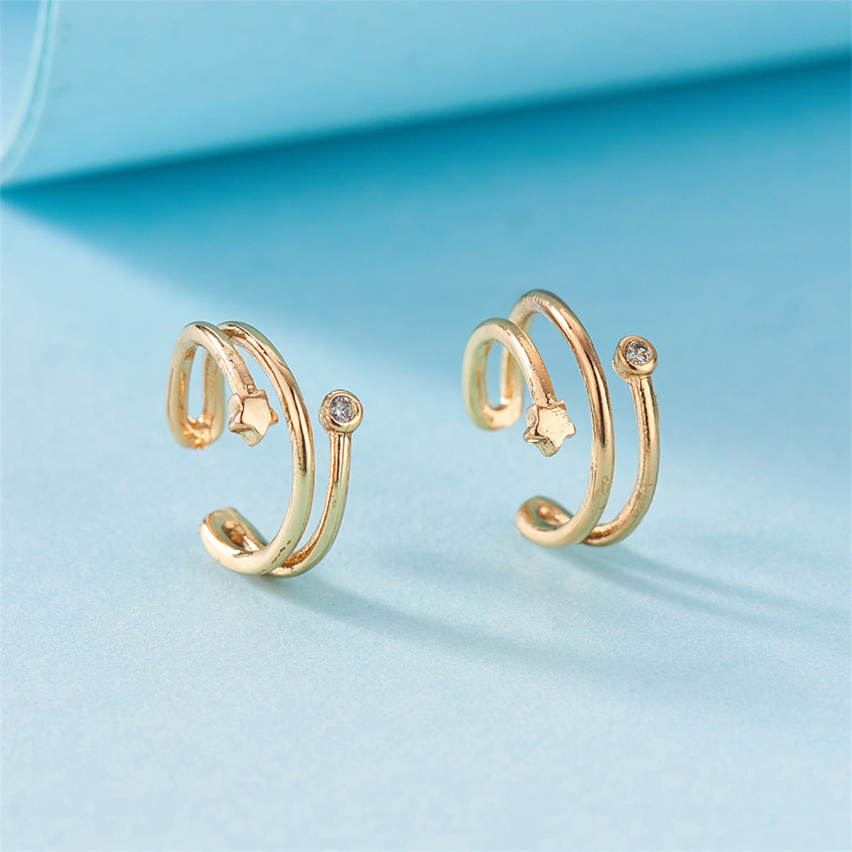 Cubic Zirconia & 18K Gold-Plated Star Embellished Layered Ear Cuffs