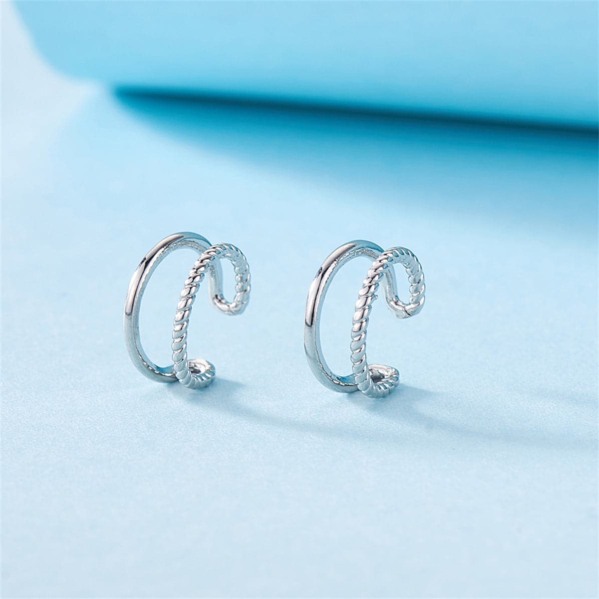 Silver-Plated Half-Twine Layered Ear Cuffs Set, silver drop earrings for women, elegant gift for her, front view