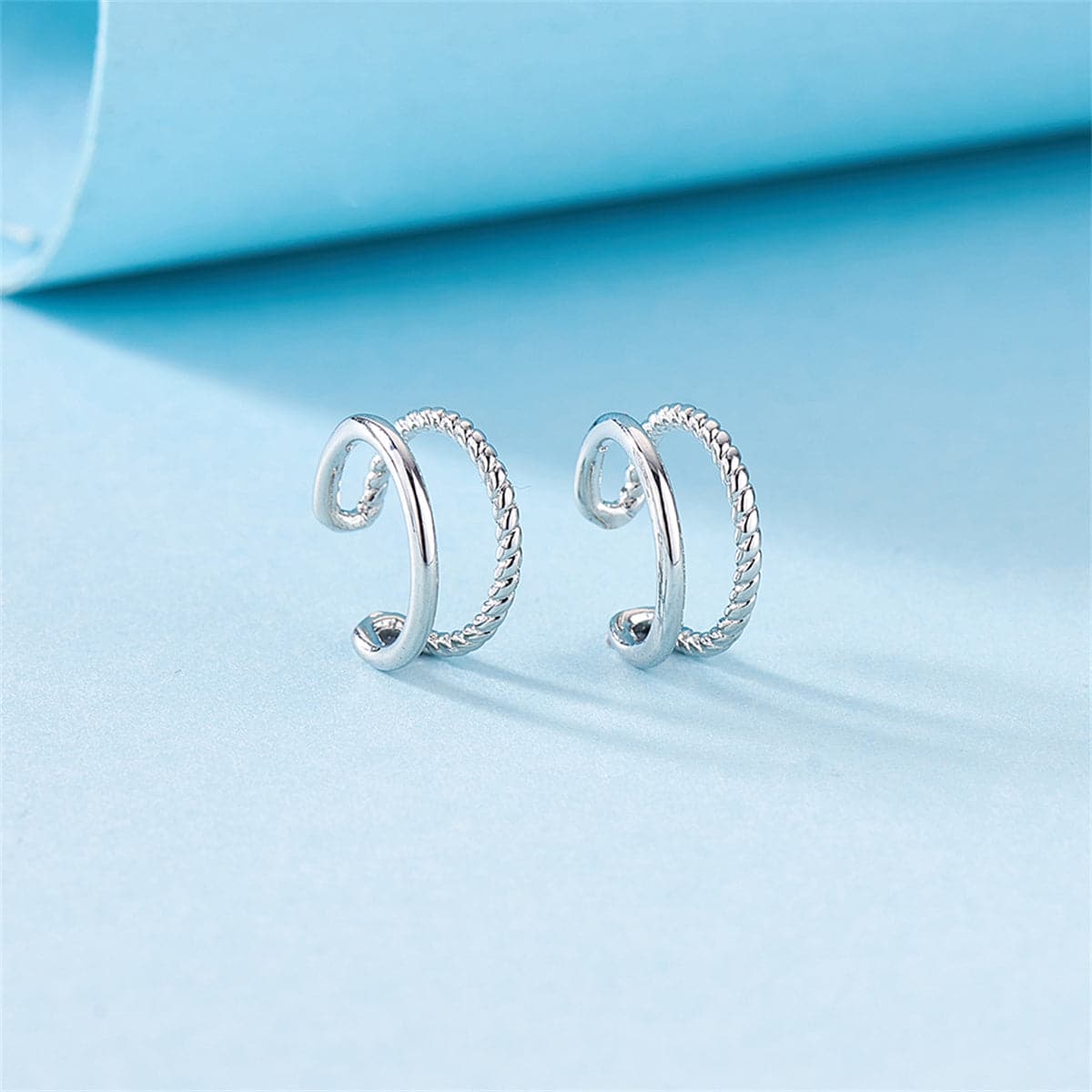 Silver-Plated Half-Twine Layered Ear Cuffs Set, silver drop earrings for women, elegant gift for her, detail close-up