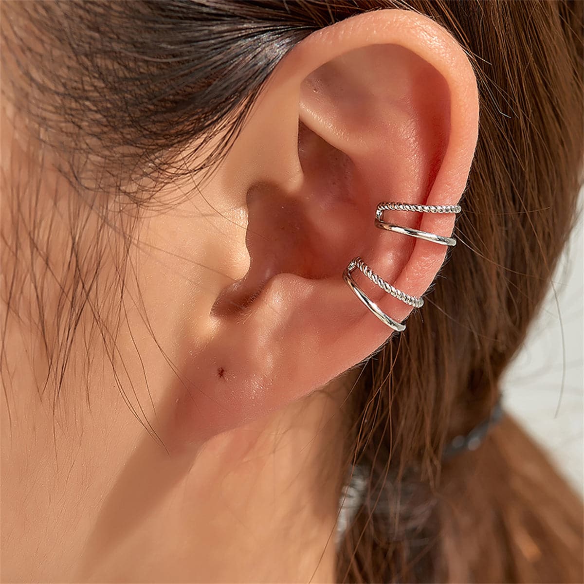 Silver-Plated Half-Twine Layered Ear Cuffs Set, silver drop earrings for women, elegant gift for her, lifestyle look