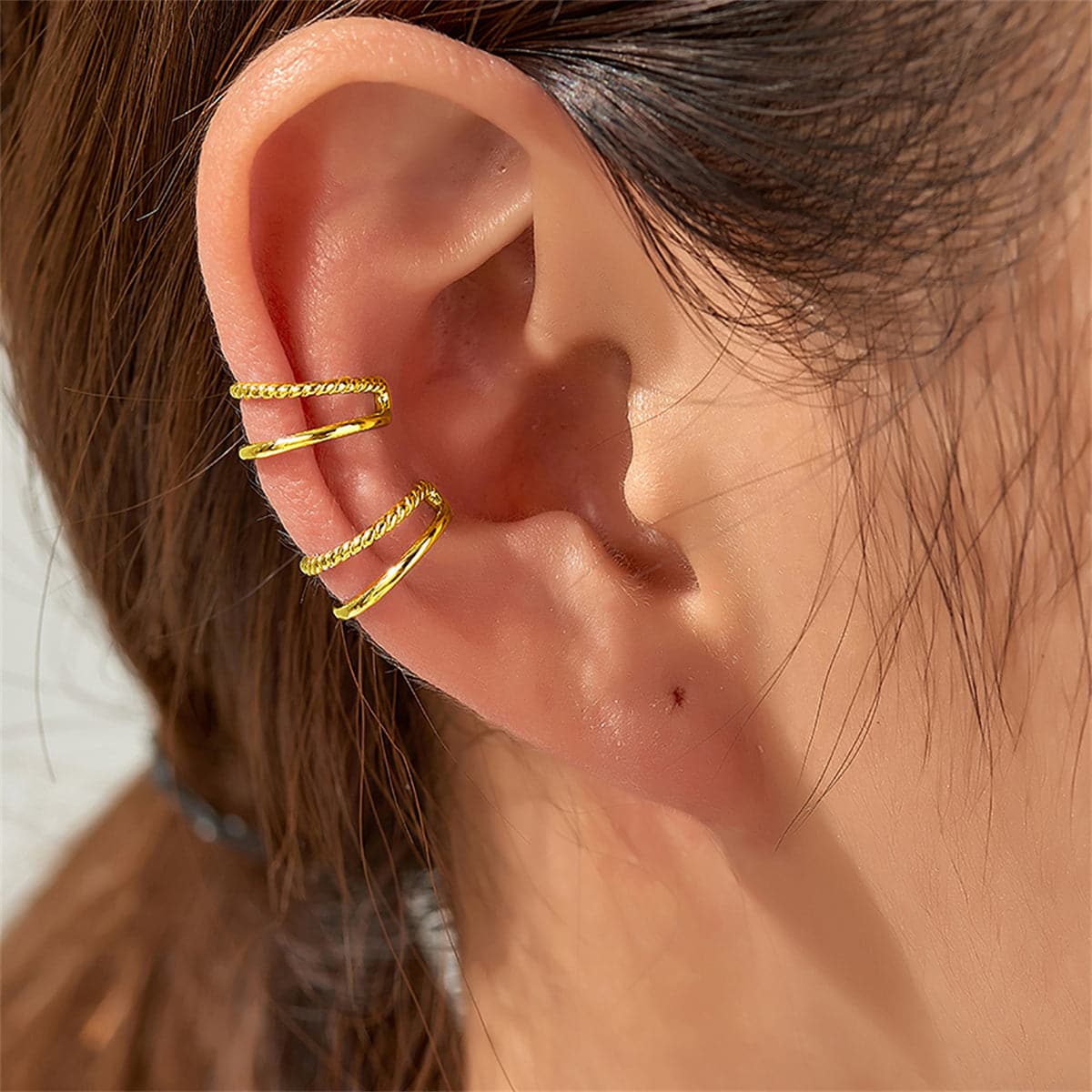 18K Gold-Plated Half Twine Layered Ear Cuffs