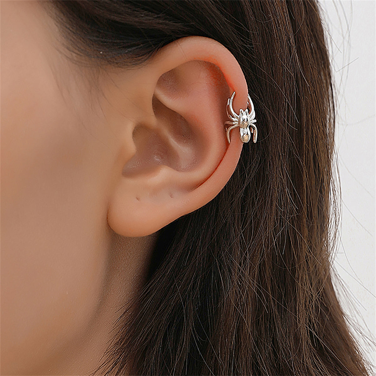 Silver-Plated Spider Ear Cuffs, silver stud earrings for women, botanical inspired, front view