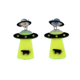 Green & Silvertone UFO Beam Drop Earrings