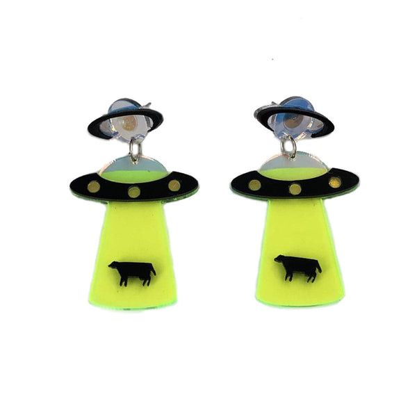 Green & Silvertone UFO Beam Drop Earrings