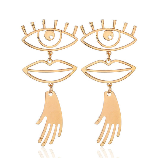 18K Gold-Plated Eye and Lip Drop Earrings, gold drop earrings for women, everyday style, front view