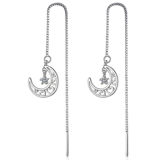 Cubic Zirconia and Silver-Plated Heart and Moon Threader Earrings, silver drop earrings for women, everyday style, front view