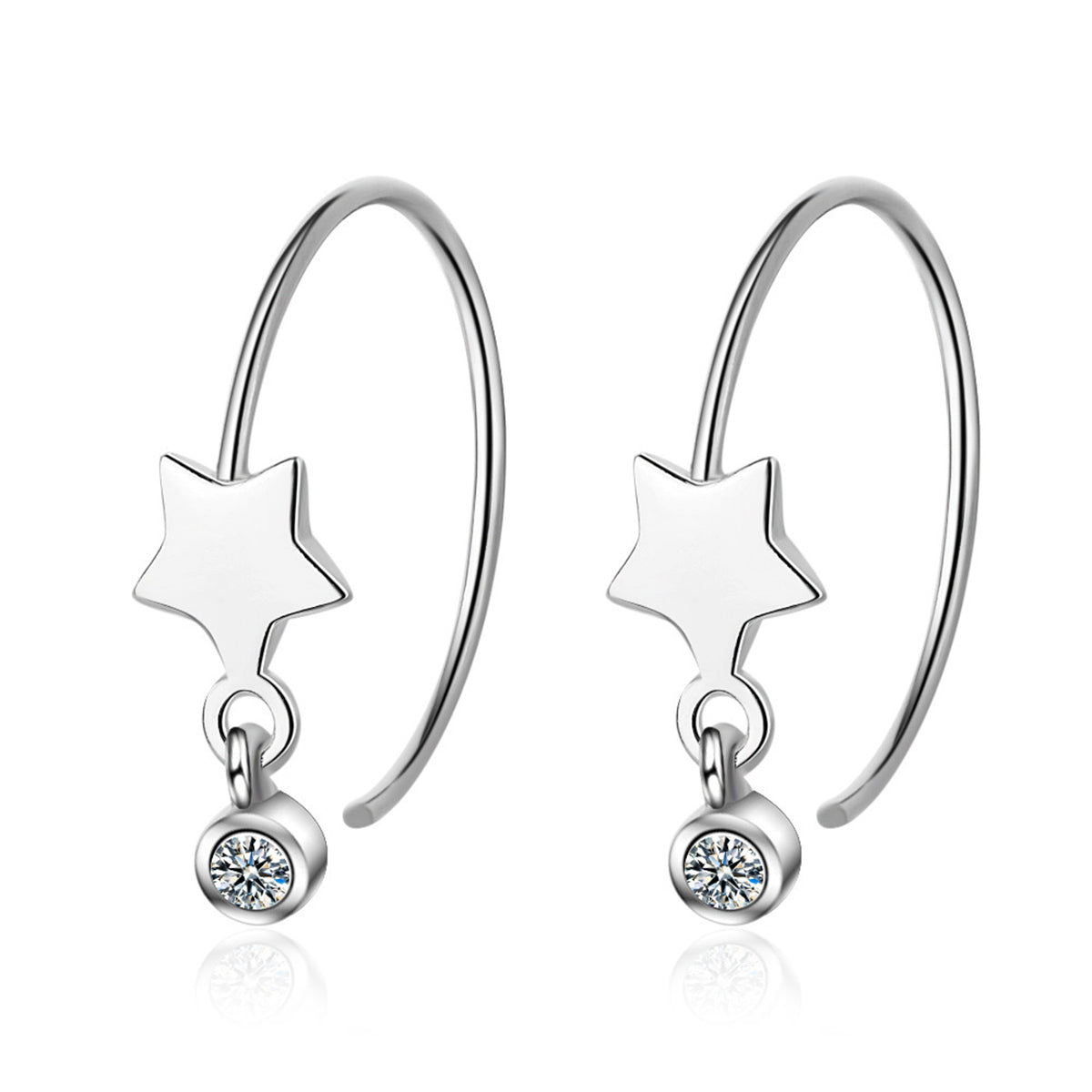 Cubic Zirconia and Silver-Plated Star Hoop Earrings, silver drop earrings for women, dainty minimalist design, front view