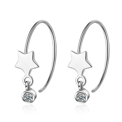 Cubic Zirconia and Silver-Plated Star Hoop Earrings, silver drop earrings for women, dainty minimalist design, front view