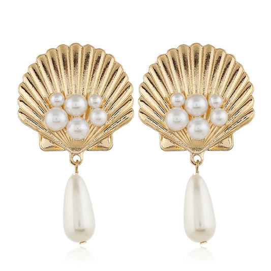 Pearl and 18K Gold-Plated Seashell Drop Earrings, gold drop earrings for women, botanical inspired, front view