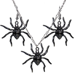 Black & Silver-Plated Spider Pendant Necklace & Drop Earrings