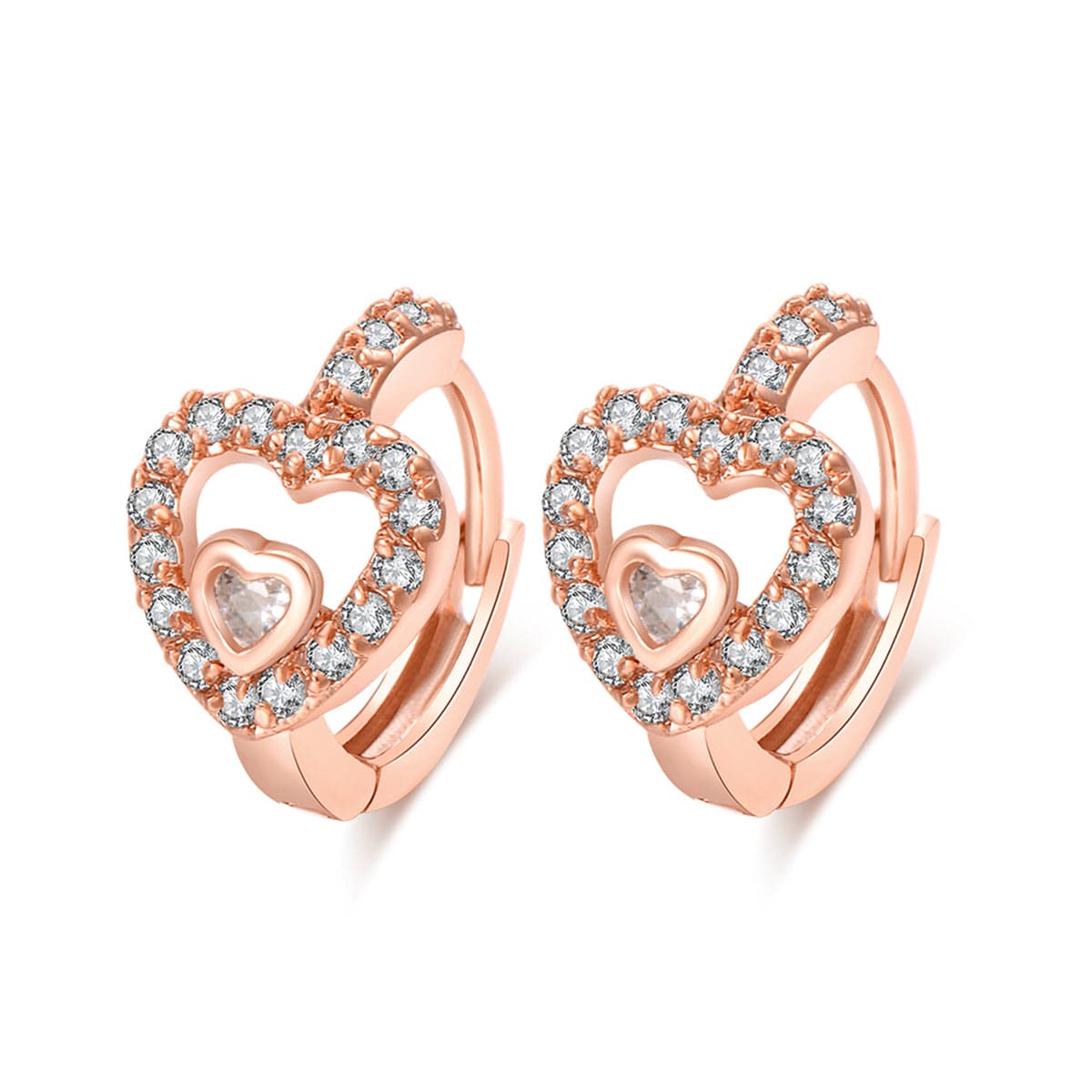 Cubic Zirconia and 18K Rose Gold-Plated Heart Huggie Earrings, rose gold huggie earrings, everyday style, side view