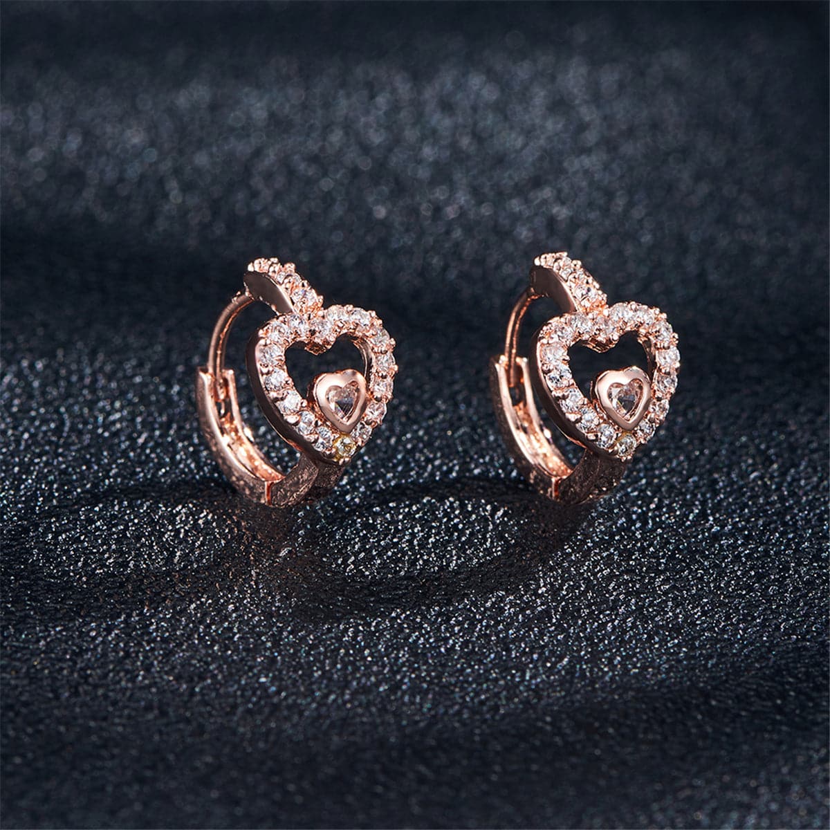 Cubic Zirconia & 18K Rose Gold-Plated Heart Huggie Earrings