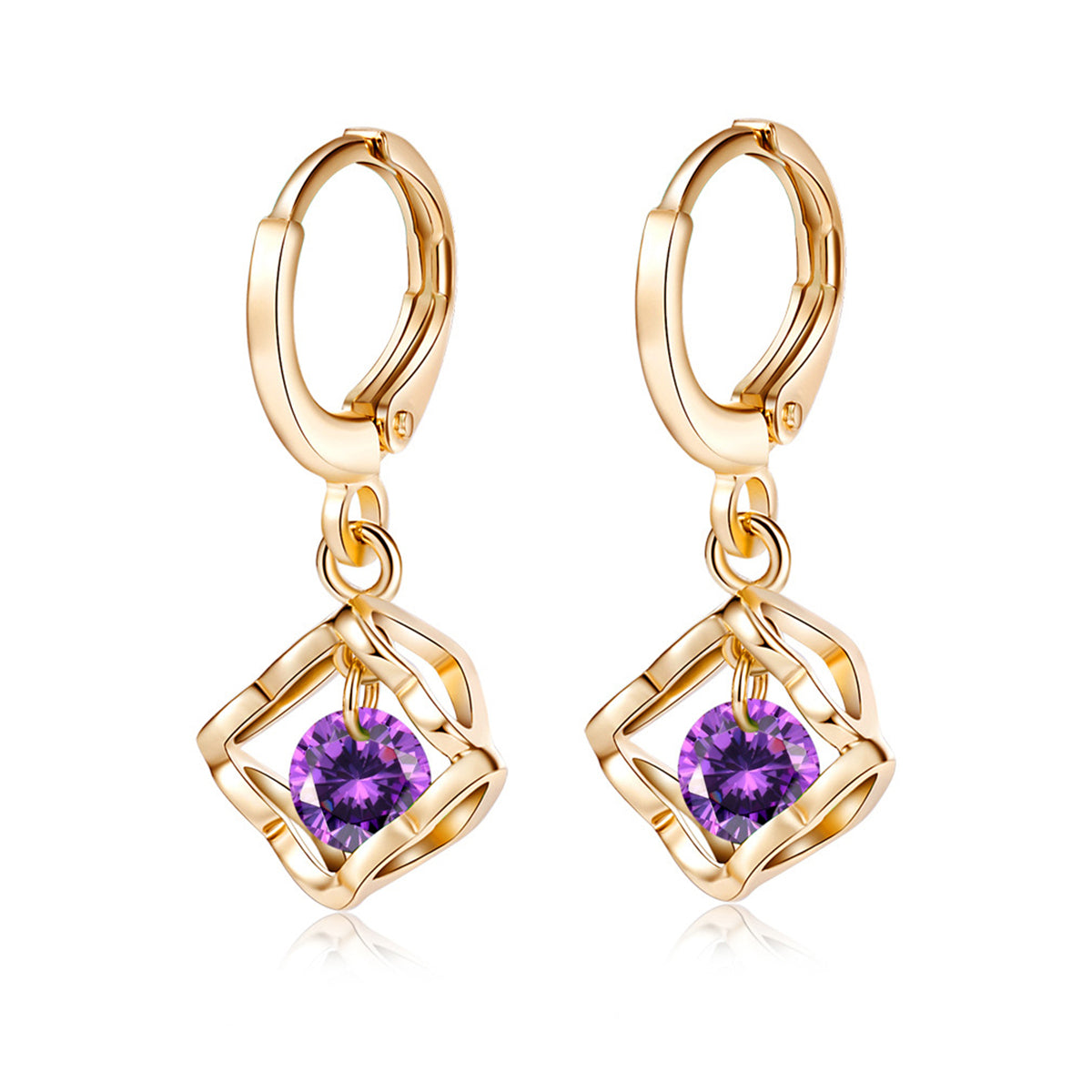 Purple Cubic Zirconia and 18K Gold-Plated Heart Drop Earrings, gold drop earrings for women, everyday style, front view
