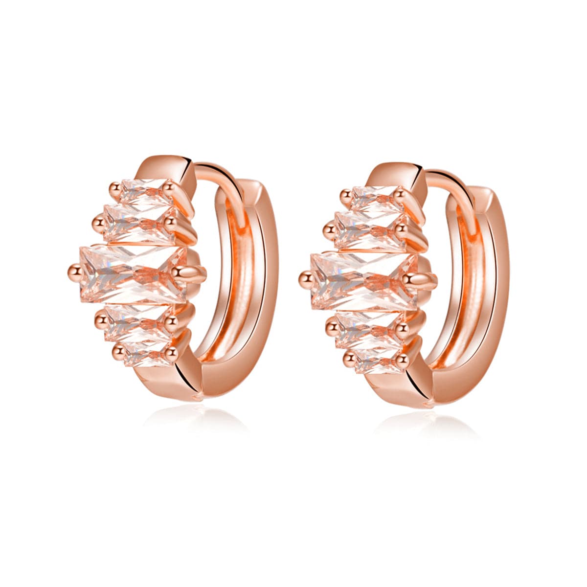 Cubic Zirconia and 18K Rose Gold-Plated Ladder Huggie Earrings, rose gold huggie earrings, front view