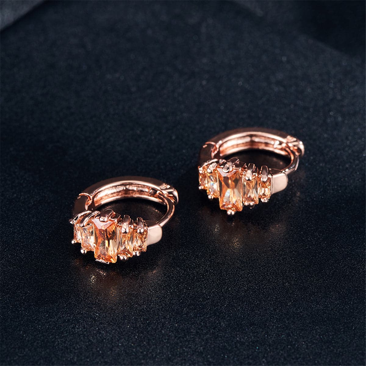 Cubic Zirconia and 18K Rose Gold-Plated Ladder Huggie Earrings, rose gold huggie earrings, detail close-up