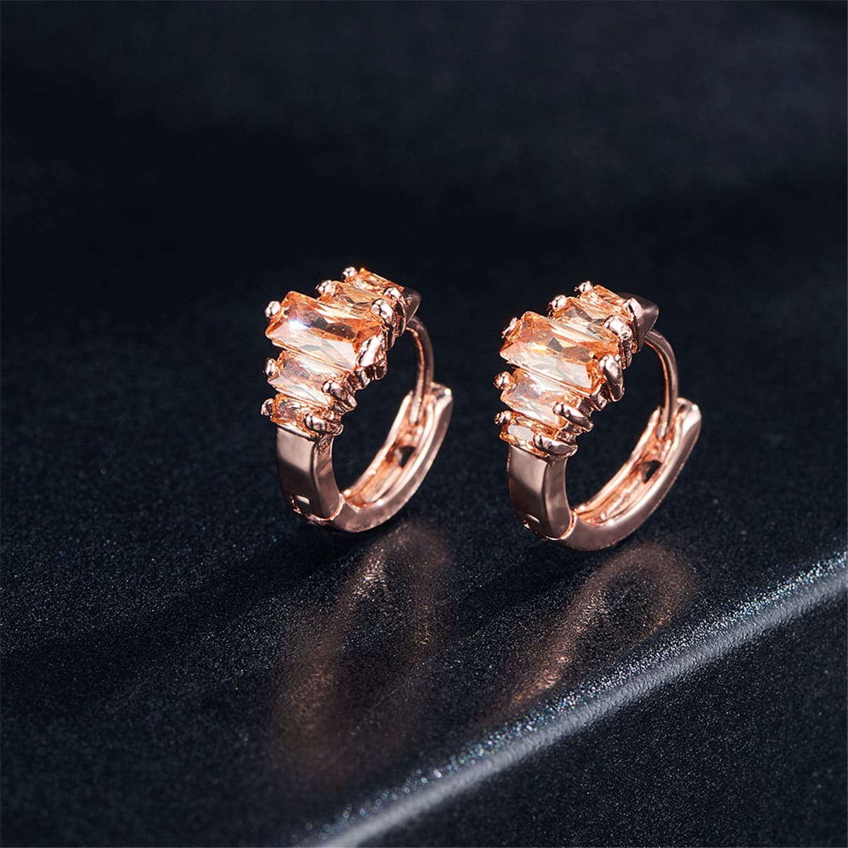 Cubic Zirconia and 18K Rose Gold-Plated Ladder Huggie Earrings, rose gold huggie earrings, lifestyle look