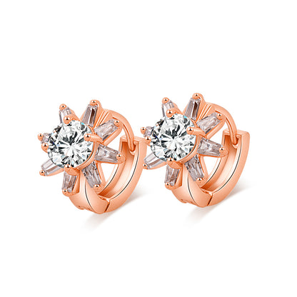 Cubic Zirconia and 18K Rose Gold-Plated Flower Huggie Earrings, rose gold huggie earrings, elegant gift for her, front view