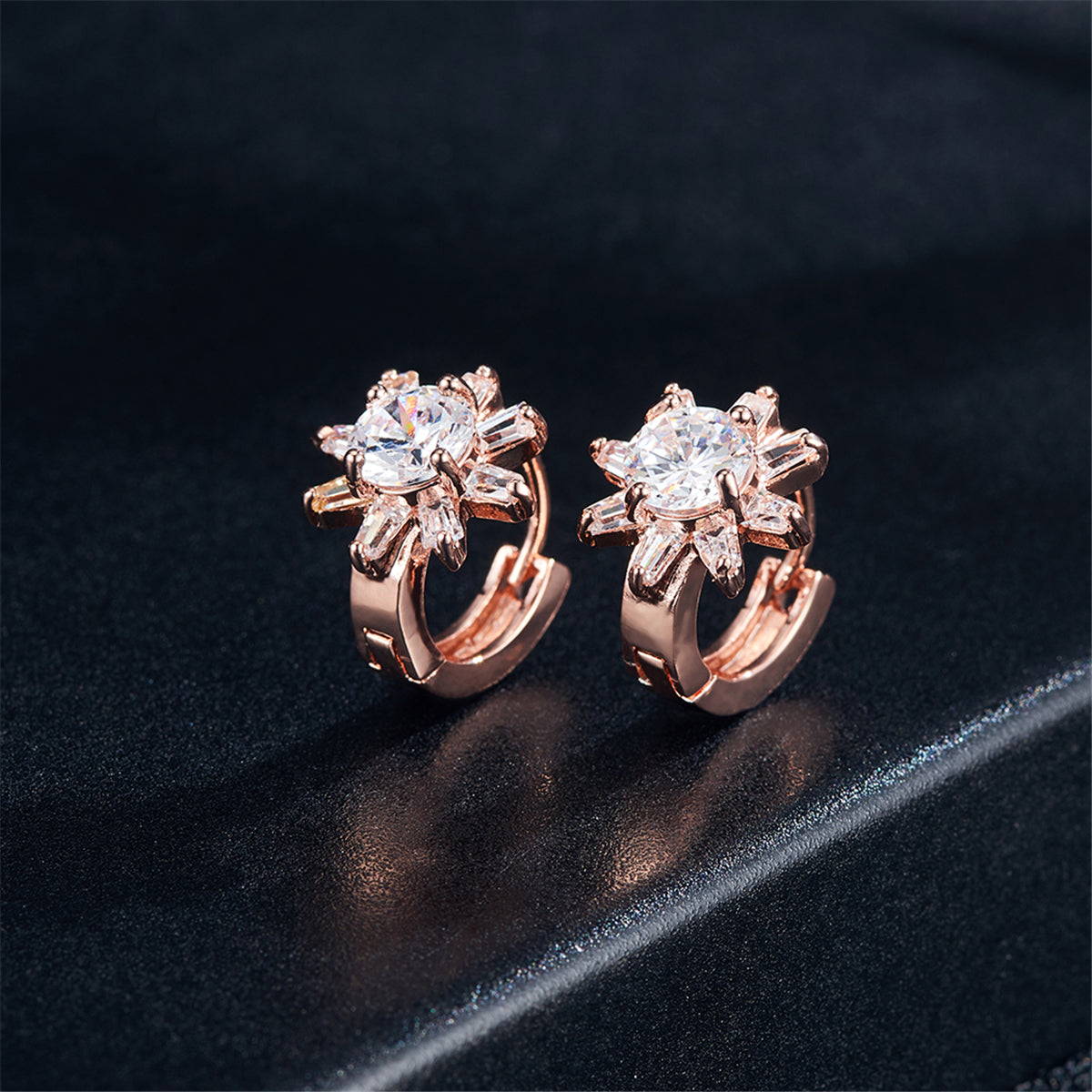 Cubic Zirconia and 18K Rose Gold-Plated Flower Huggie Earrings, rose gold huggie earrings, elegant gift for her, side view