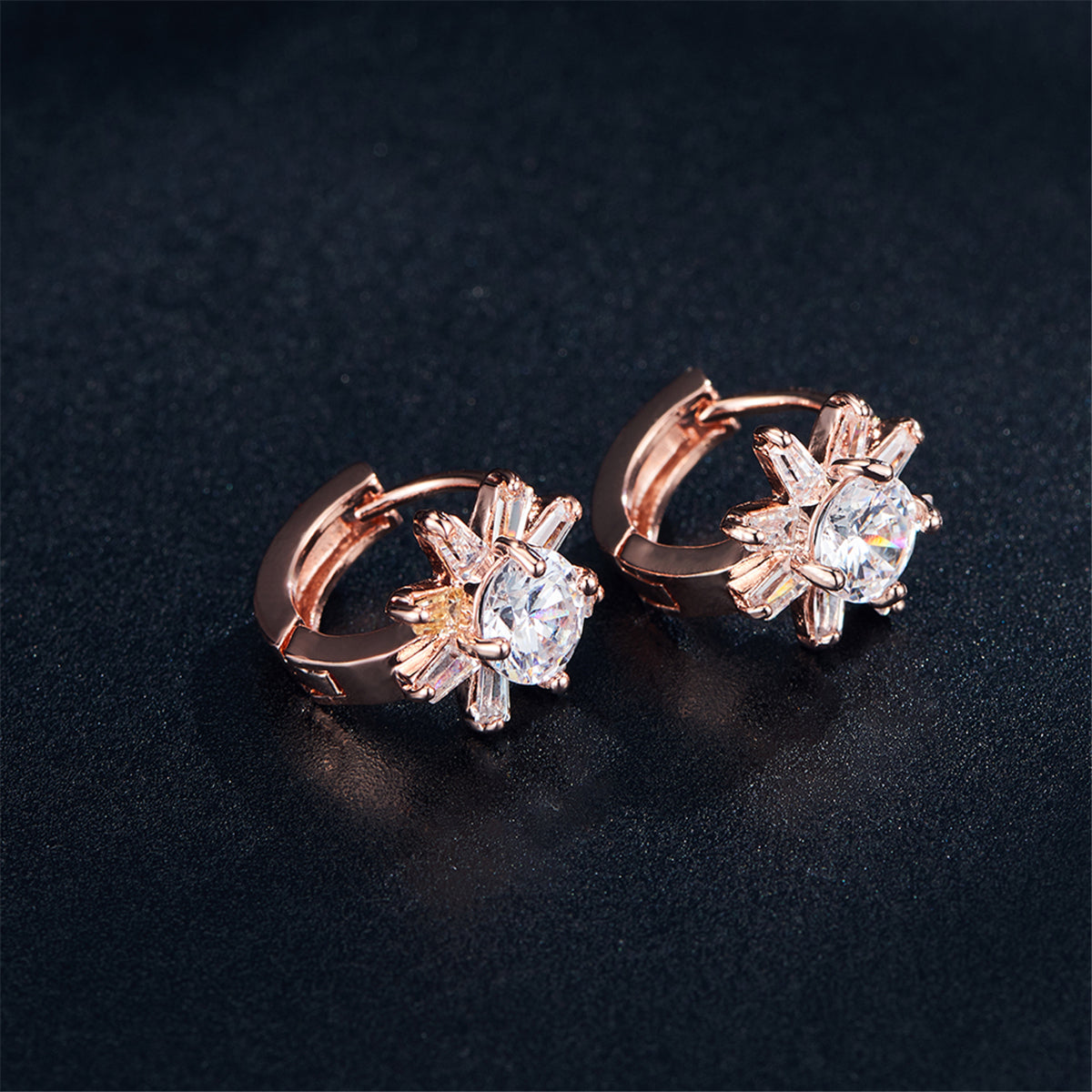 Cubic Zirconia and 18K Rose Gold-Plated Flower Huggie Earrings, rose gold huggie earrings, detail close-up