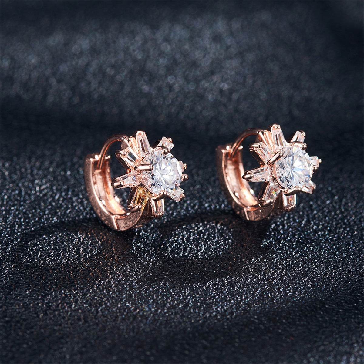 Cubic Zirconia and 18K Rose Gold-Plated Flower Huggie Earrings, rose gold huggie earrings, lifestyle look