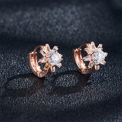 Cubic Zirconia and 18K Rose Gold-Plated Flower Huggie Earrings, rose gold huggie earrings, lifestyle look