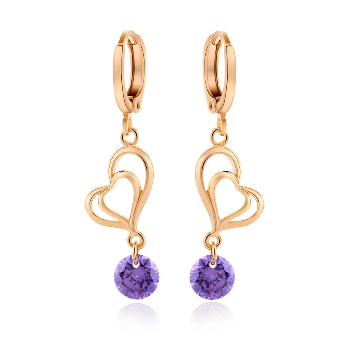 Purple Cubic Zirconia & 18K Gold-Plated Open Heart Drop Earrings