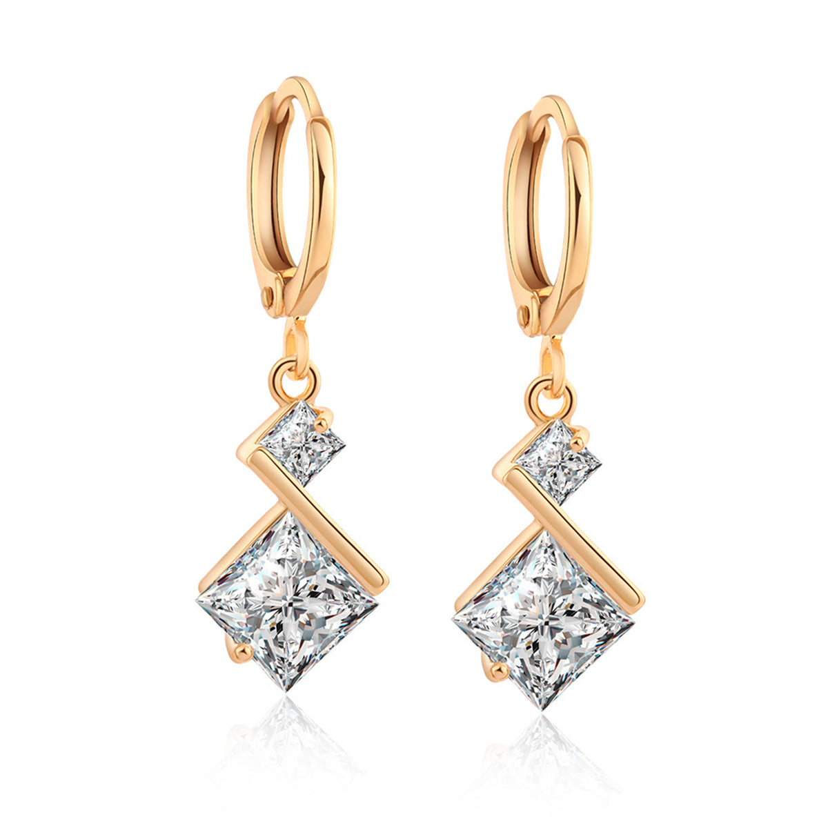 Crystal and 18K Gold-Plated Princess-Cut Drop Earrings, gold drop earrings for women, elegant gift for her, front view