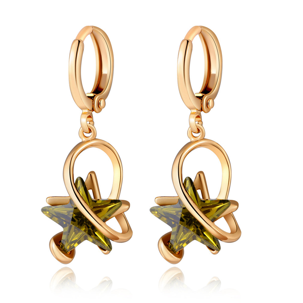 Green Crystal and 18K Gold-Plated Star Drop Earrings, gold drop earrings for women, botanical inspired, front view