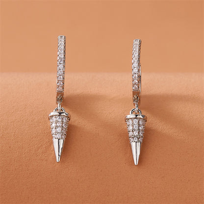Cubic Zirconia and Silver-Plated Awl Huggie Earring, silver huggie earrings, vintage-inspired design, detail close-up