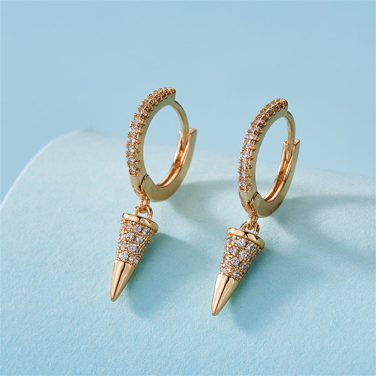 Cubic Zirconia and 18K Gold-Plated Awl Huggie Earrings, gold huggie earrings, botanical inspired, detail close-up