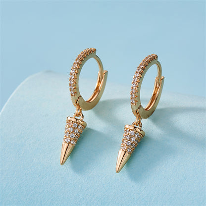 Cubic Zirconia and 18K Gold-Plated Awl Huggie Earrings, gold huggie earrings, botanical inspired, detail close-up