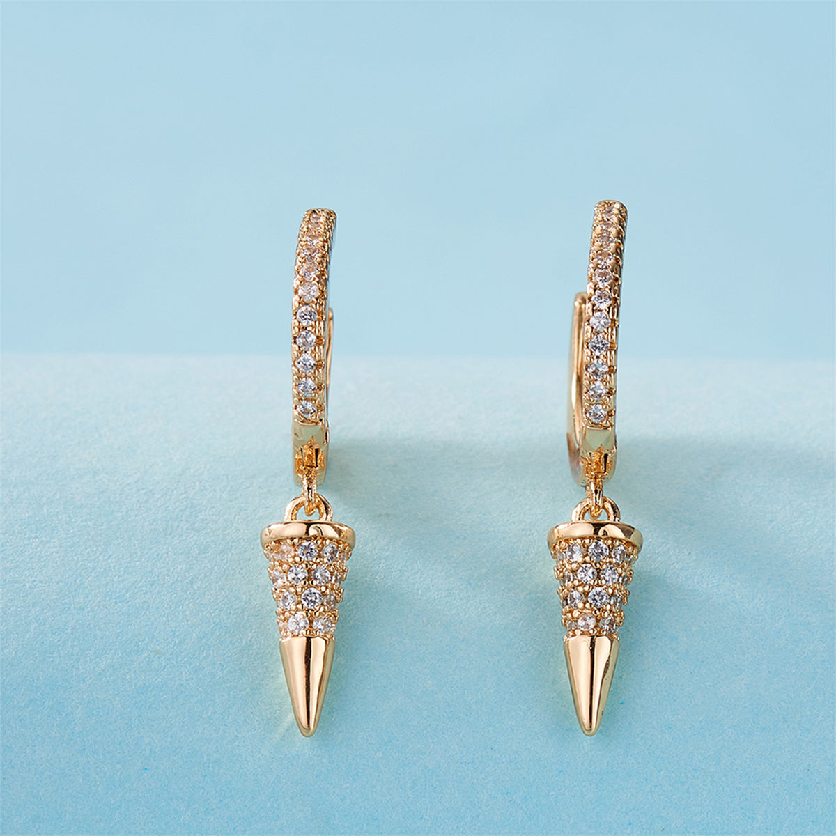 Cubic Zirconia and 18K Gold-Plated Awl Huggie Earrings, gold huggie earrings, botanical inspired, lifestyle look