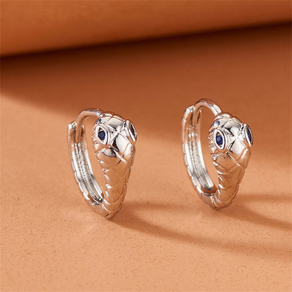 Blue Cubic Zirconia and Silver-Plated Snake Huggie Earrings, silver huggie earrings, dainty minimalist design, side view