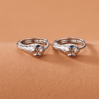 Blue Cubic Zirconia and Silver-Plated Snake Huggie Earrings, silver huggie earrings, detail close-up