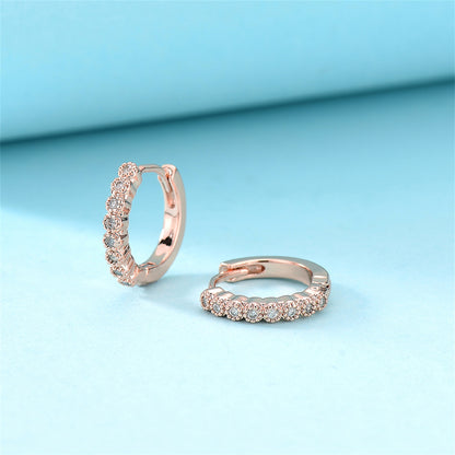 Cubic Zirconia and 18K Rose Gold-Plated Bezel Huggie Earrings, rose gold huggie earrings, everyday style, detail close-up