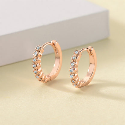 Cubic Zirconia and 18K Rose Gold-Plated Bezel Huggie Earrings, rose gold huggie earrings, everyday style, front view