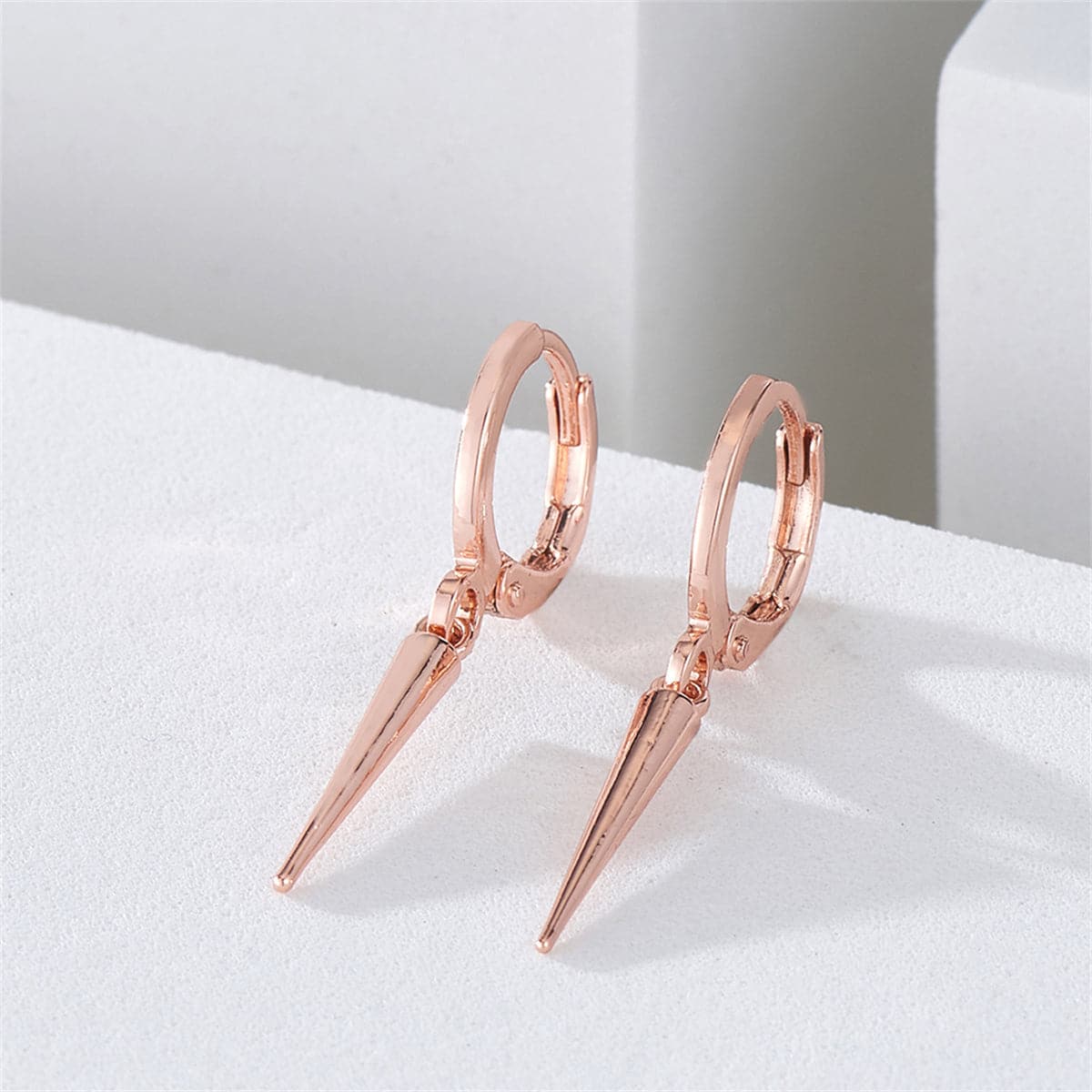 18K Rose Gold-Plated Awl Huggie Earrings, rose gold huggie earrings, botanical inspired, detail close-up