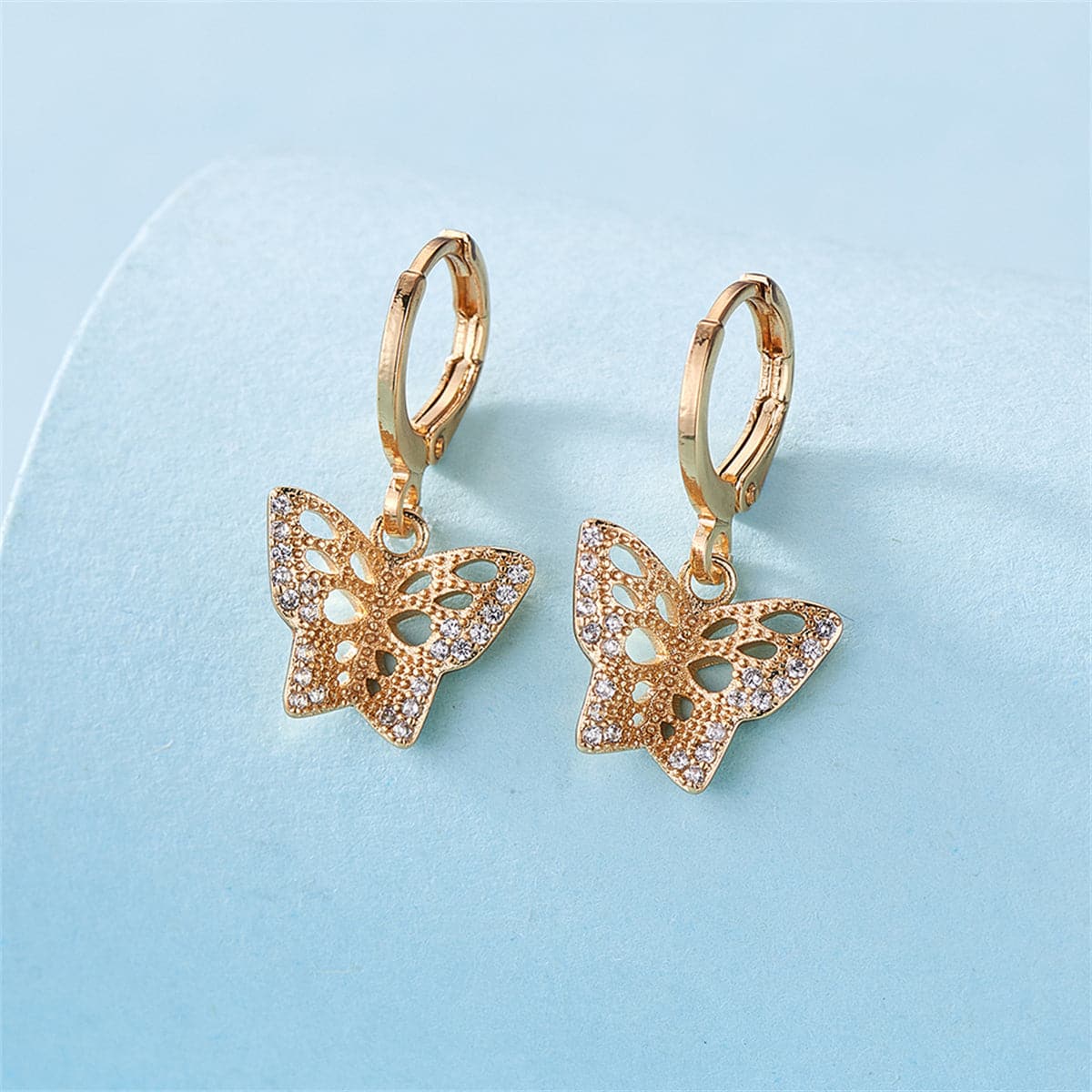 Cubic Zirconia & 18K Gold-Plated Openwork Butterfly Huggie Earrings