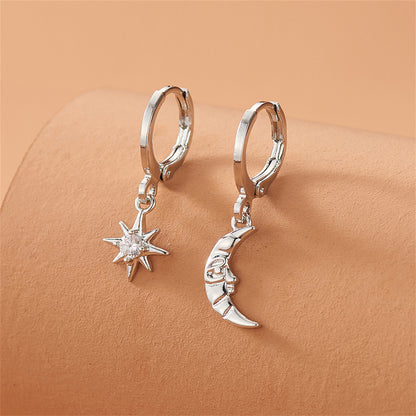 Cubic Zirconia and Silver-Plated Sun and Moon Asymmetrical Huggie Earrings, silver huggie earrings, side view