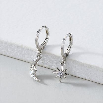 Cubic Zirconia and Silver-Plated Sun and Moon Asymmetrical Huggie Earrings, silver huggie earrings, detail close-up