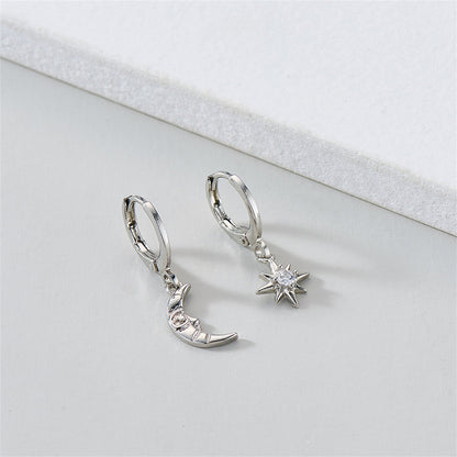 Cubic Zirconia and Silver-Plated Sun and Moon Asymmetrical Huggie Earrings, silver huggie earrings, lifestyle look