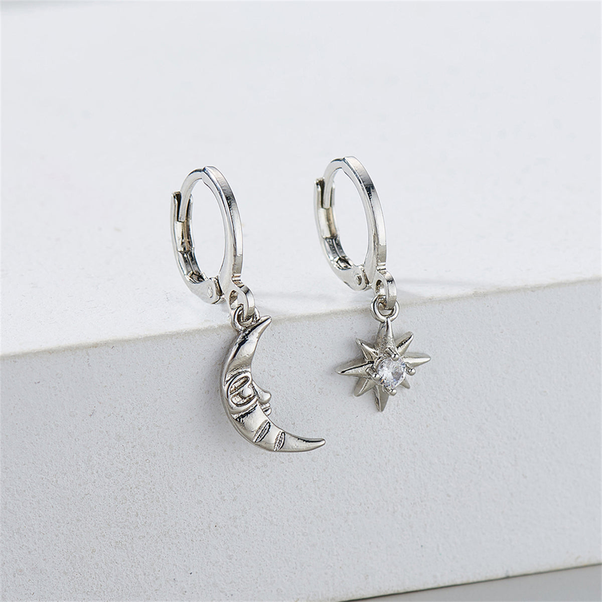 Cubic Zirconia & Silver-Plated Sun & Moon Asymmetrical Huggie Earrings