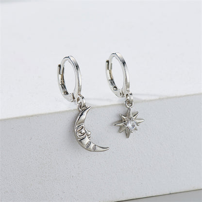 Cubic Zirconia & Silver-Plated Sun & Moon Asymmetrical Huggie Earrings