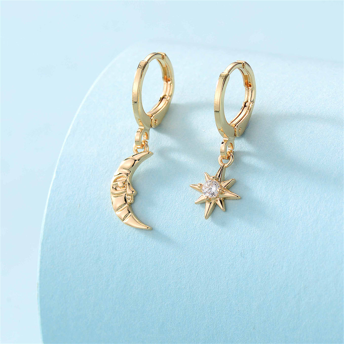 Cubic Zirconia & 18K Gold-Plated Sun Moon Huggie Earring