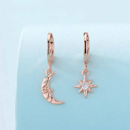 Cubic Zirconia and 18K Rose Gold-Plated Sun Moon Huggie Earrings, rose gold huggie earrings, everyday style, detail close-up