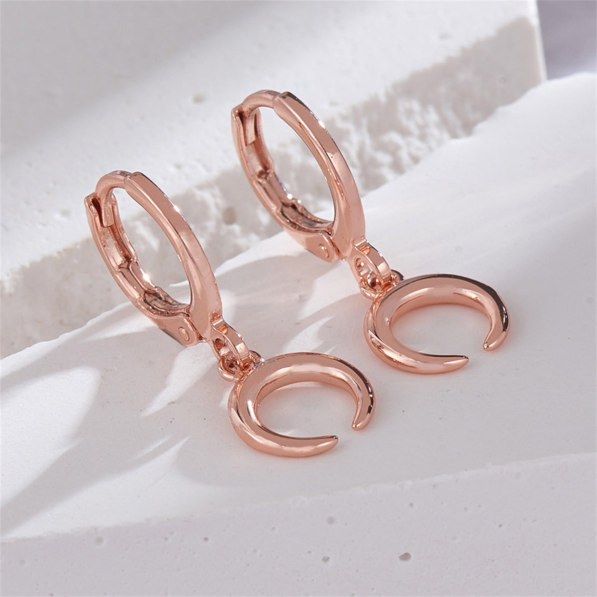 18K Rose Gold-Plated Moon Huggie Drop Earrings, rose gold huggie earrings, everyday style, side view