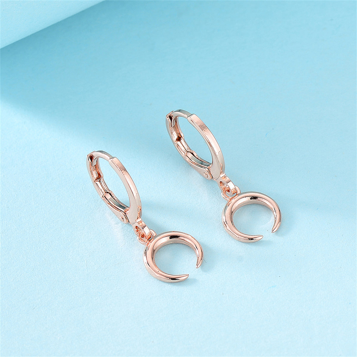 18K Rose Gold-Plated Moon Huggie Drop Earrings, rose gold huggie earrings, everyday style, lifestyle look